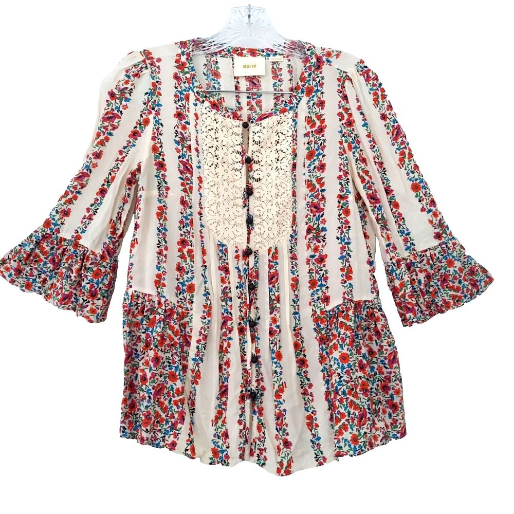 Maeve Anthropology Floral Top Small 2 Patchwork Red White Lace Ruffle Sleeves